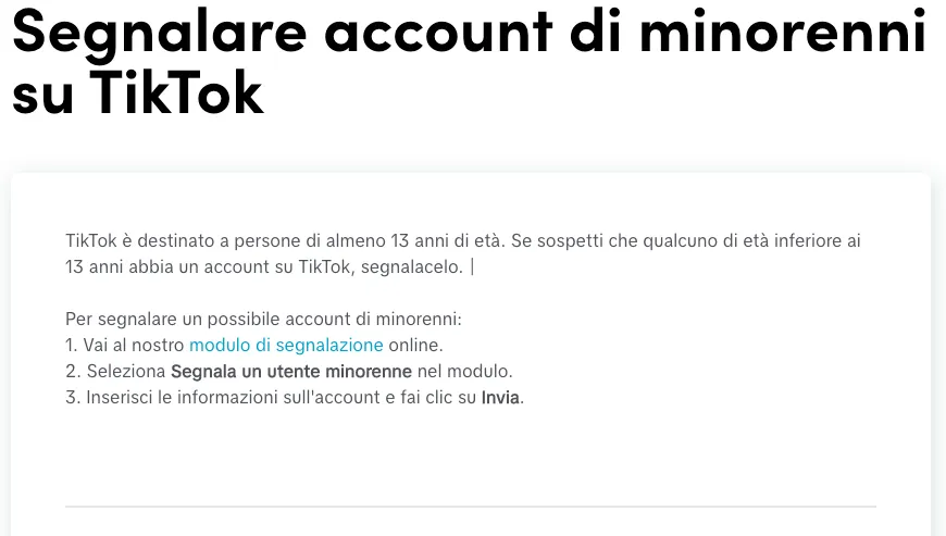 Come segnalare account di minorenni su TikTok